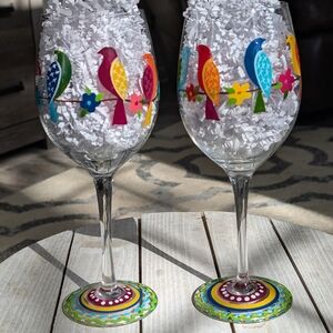 Pier 1 Hand Painted Mouth Blown Wine Glass Set with Vibrant Bird Design